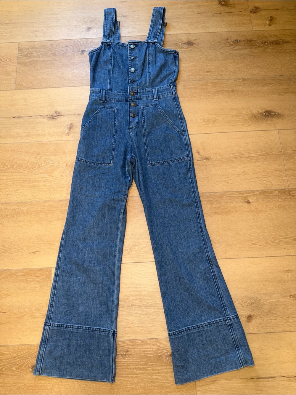 Aerie Denim Kick Flare Overalls Jumpsuit
